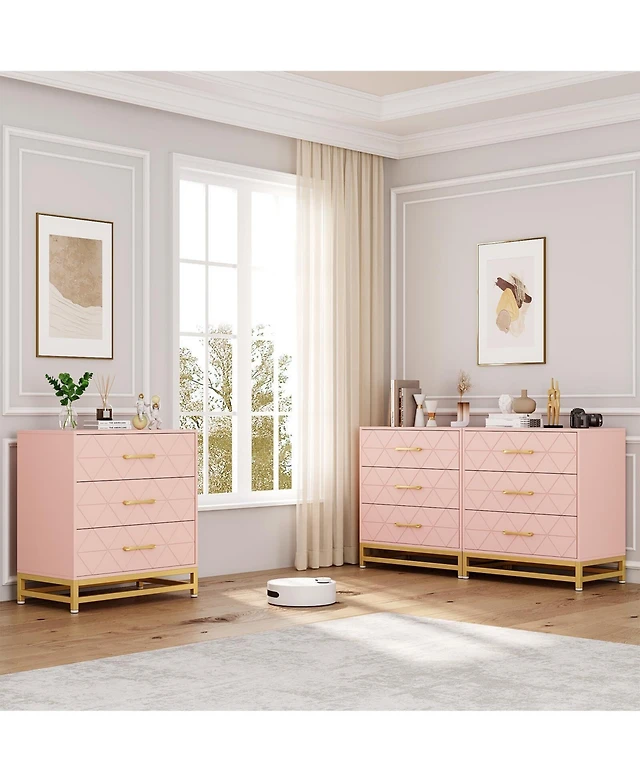 modern pink dresser 3 Drawer Dresser, Modern Wooden Bedside Storage with Gold Handles, Compact Pink Dresser for Bedroom, Living Room, Office