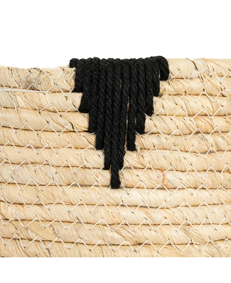 Household Essentials Round Handwoven Corn Leaf Basket Set of 2 with Plastic Liner, Natural with Black Accents