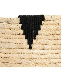 Household Essentials Round Handwoven Corn Leaf Basket Set of 2 with Plastic Liner, Natural with Black Accents