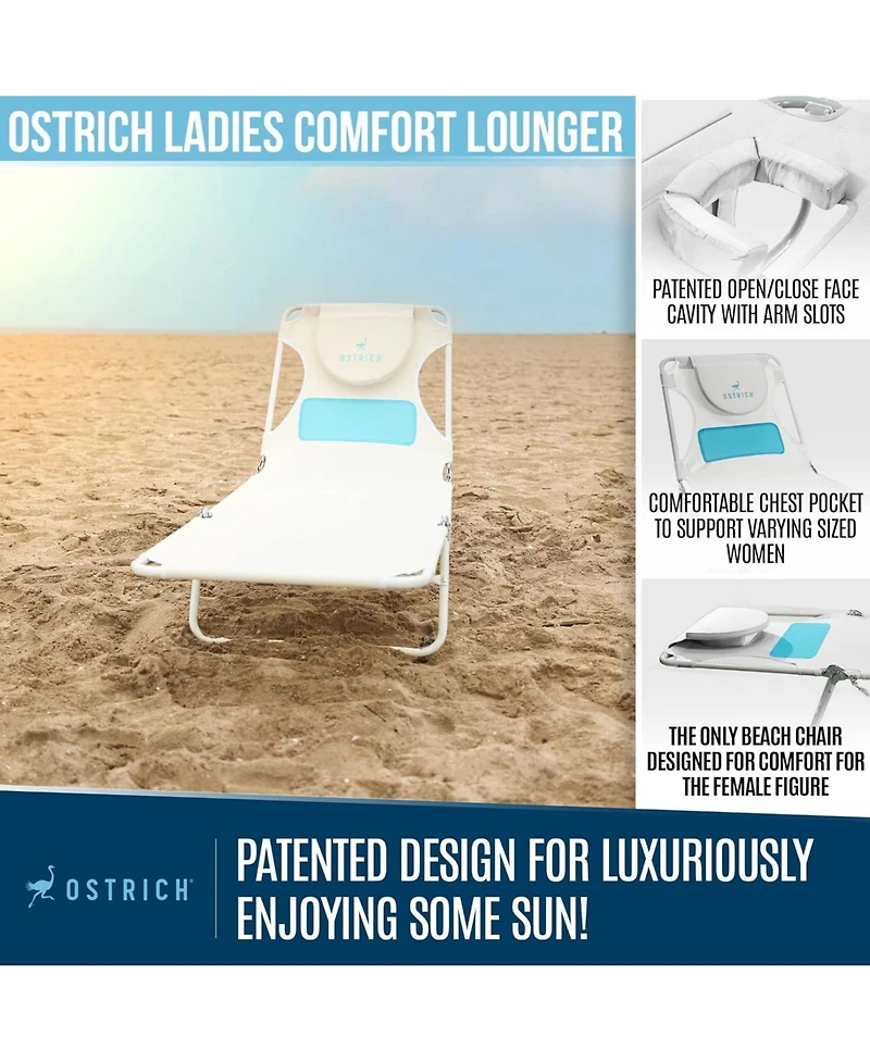 Ostrich Ladies Comfort Lounger, Foldable Beach Camping Pool Tanning Chair, White