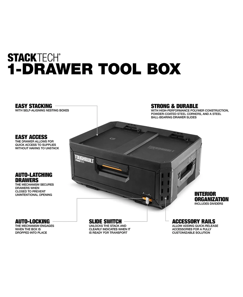 ToughBuilt StackTech 1-Drawer Tool Box, Durable Plastic Storage Organizer, Black