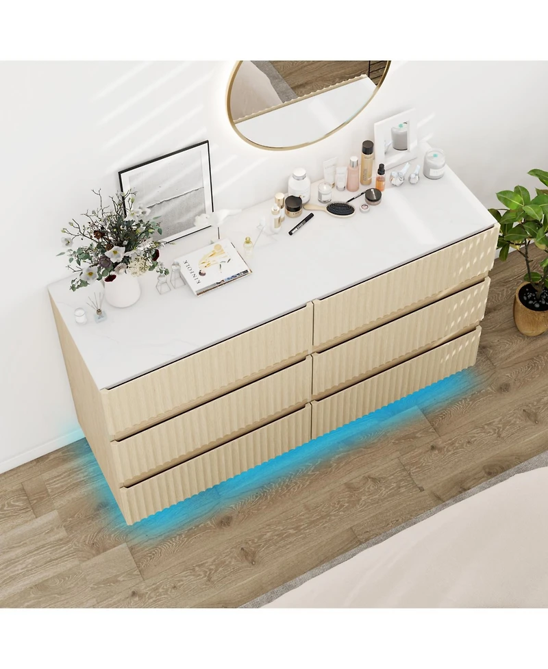 Streamdale Furniture Fluted 6-Drawer Double Dresser with Led