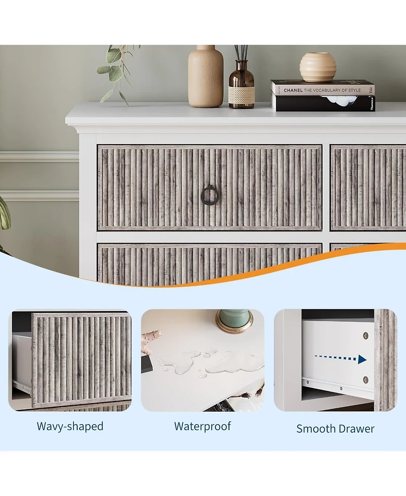 gaomon 6-Drawer Fluted Wave Pattern Dresser, Large Storage Drawers, Anti-Tip Safety, Wooden Chest for Bedroom, Hallway, Closet