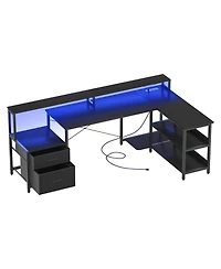 Aheaplus 72.8" L Shaped Desk with File Drawer, Reversible Computer Power Outlet, Led Strip, Monitor Stand & Storage Shelves