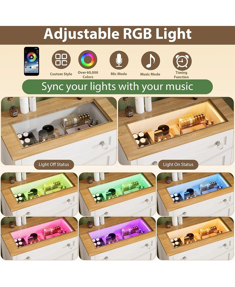 gaomon 4-Drawer Modern White Dresser with Led Night Light, Glass Tabletop, Nightstand Cabinet for Bedroom, Living Room, Entryway