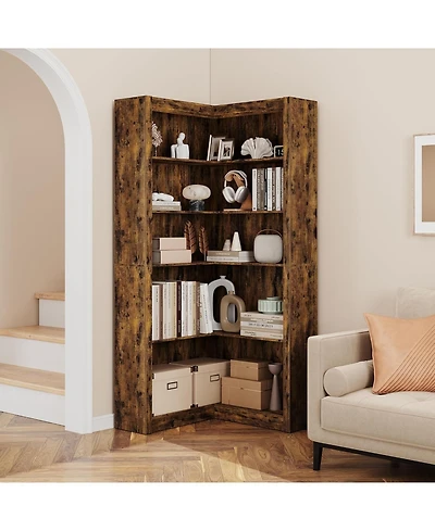 gaomon 5-Tier Farmhouse Corner Bookcase, 71.8" L-Shaped Brown Display Shelf with Storage, Living Room, Home Office