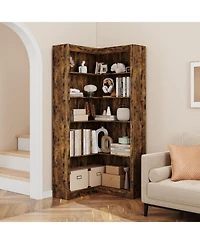 gaomon 5-Tier Farmhouse Corner Bookcase, 71.8" L-Shaped Brown Display Shelf with Storage, Living Room, Home Office