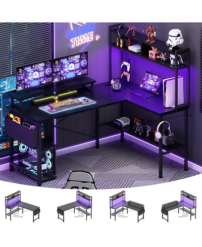 Aheaplus 49'' Reversible L Shaped Gaming Desk with Power Outlet and Led Lights, Corner Hutch & Monitor Stand