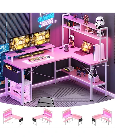 Aheaplus 49'' Reversible L Shaped Gaming Desk with Power Outlet and Led Lights, Corner Desk with Hutch & Monitor Stand