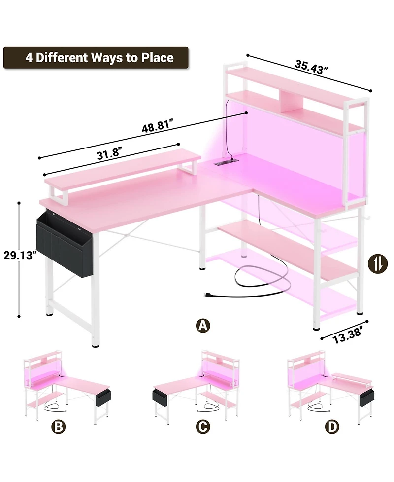 Aheaplus 49'' Reversible L Shaped Gaming Desk with Power Outlet and Led Lights, Corner Desk with Hutch & Monitor Stand