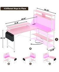 Aheaplus 49'' Reversible L Shaped Gaming Desk with Power Outlet and Led Lights, Corner Desk with Hutch & Monitor Stand