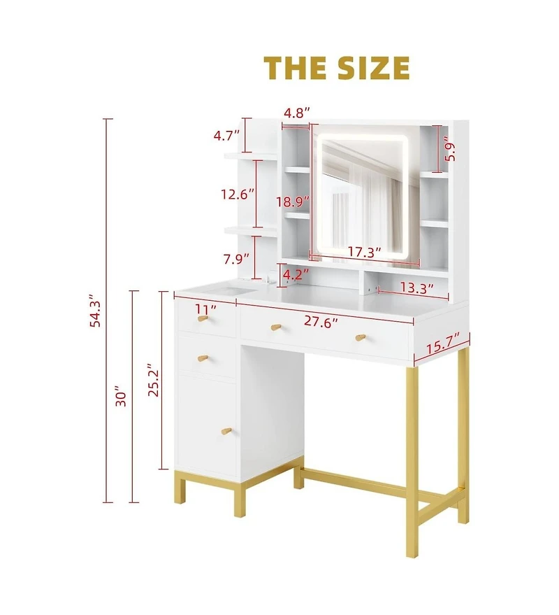 gaomon White Vanity Desk with Mirror & Led Lights, Makeup Dressing Table with Power Outlet, Bedroom
