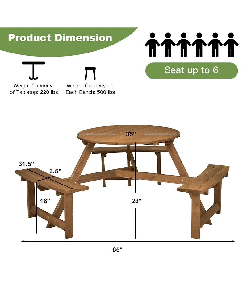 Costway 6-person Round Wooden Picnic Table Outdoor Table w/ Umbrella Hole & Benches
