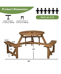 Costway 6-person Round Wooden Picnic Table Outdoor Table w/ Umbrella Hole & Benches
