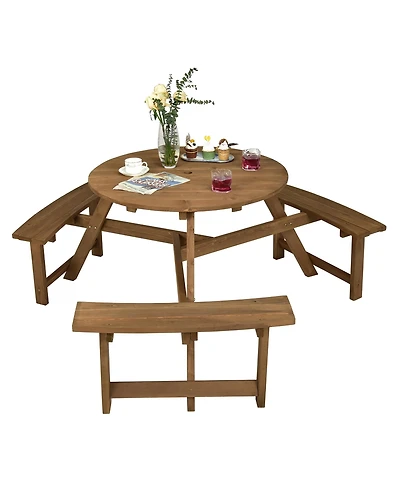 Costway 6-person Round Wooden Picnic Table Outdoor Table w/ Umbrella Hole & Benches