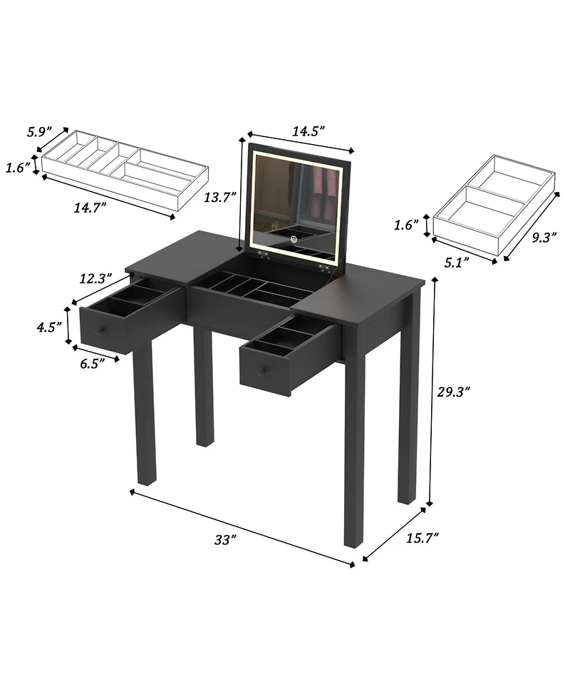 Streamdale Furniture Elegant Vanity Table with Led Lights, Flip-Top Mirror and 2 Drawers, Jewelry Storage for Women Dressing