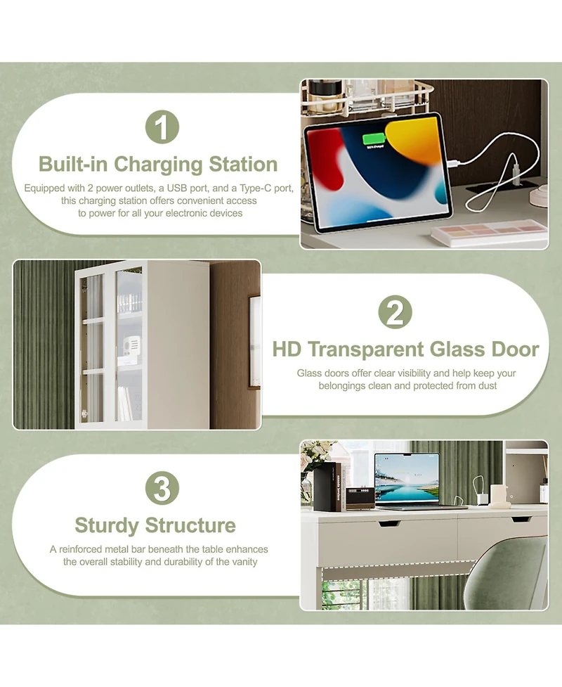 Streamdale Vanity Desk with Mirror, Charging, Storage, Drawers & Shelves - White