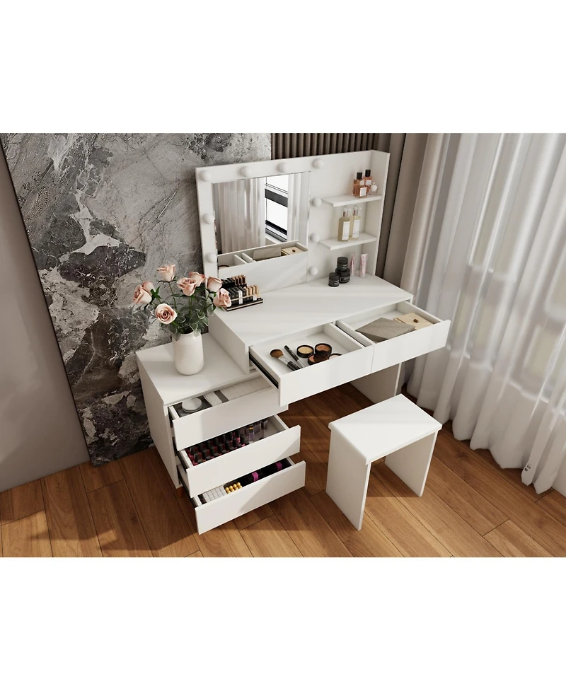 Streamdale Led Lighted Vanity Table with Mirror, Stool & Storage - White