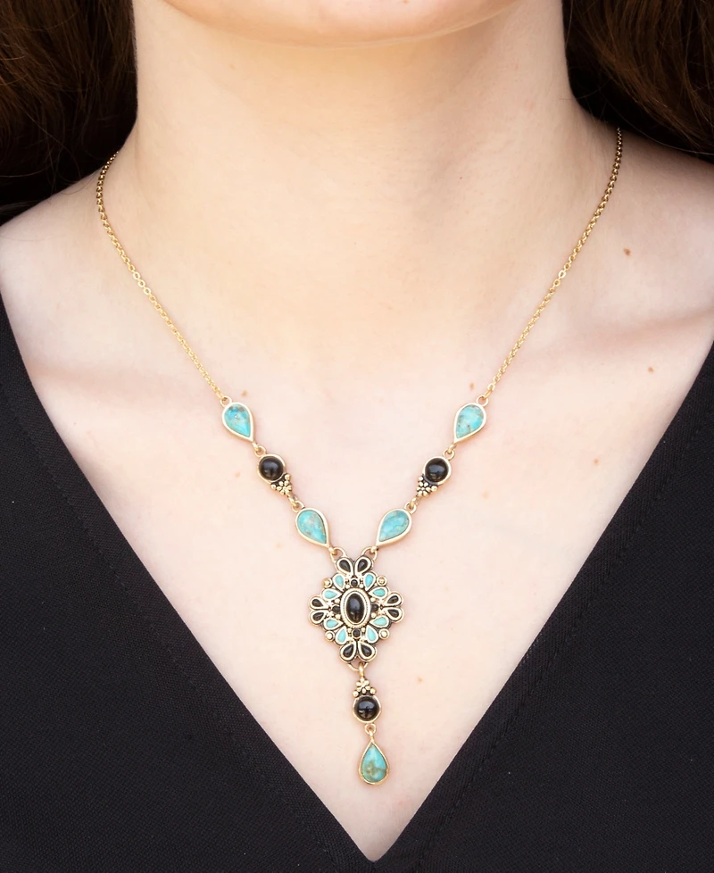 Barse Barcelona Black Onyx and Blue Turquoise Golden Y-Necklace