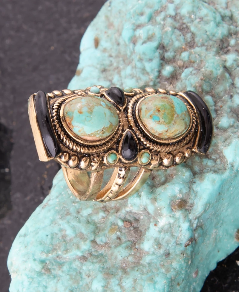 Barse Double Up Blue Turquoise and Black Onyx Golden Ring