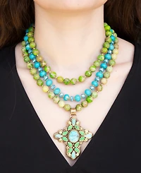 Barse Legacy Lime Green and Blue Turquoise Golden Cross Pendant Statement Necklace