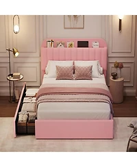 gaomon Boucle Storage Bed with Built-In Bookcase, 2 Drawers, Sturdy Frame, No Box Spring Required