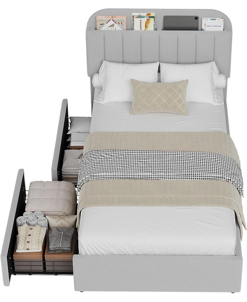 gaomon Boucle Storage Bed with Built-In Bookcase, 2 Drawers, Sturdy Frame, No Box Spring Required