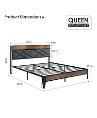 gaomon Mdf Platform Bed Frame 11” Storage Charging Port Upholstered Wingback Headboard Grey