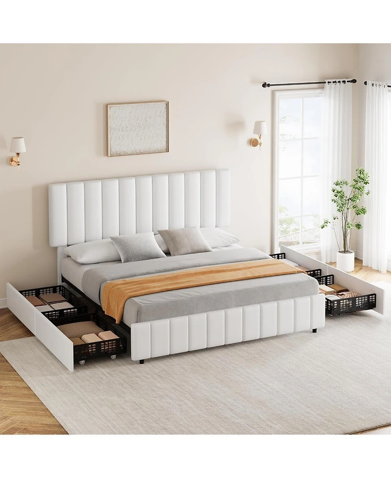 gaomon Queen Pu Leather Quilted Upholstered Platform Bed Adjustable Headboard 4 Storage Drawers Wooden Slats No Box Spring
