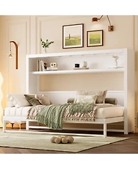 Clihome Twin Size Murphy Bed with Shelves, Metal Wall Bed with Foldable and Space-saving Design, White