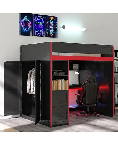 Streamdale Furniture Gaming Loft Bed with Desk and Storage, Led Lights, Twin