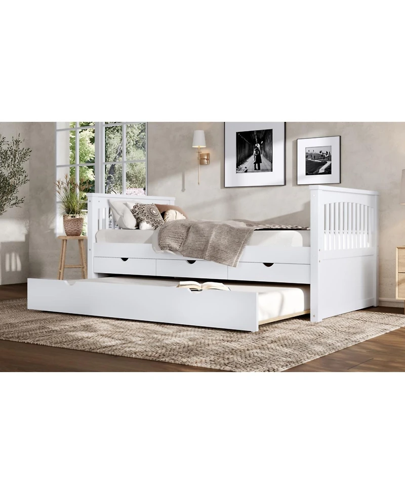 Streamdale Furniture Twin Platform Bed with Drawers, Trundle, Solid Wood Daybed, White