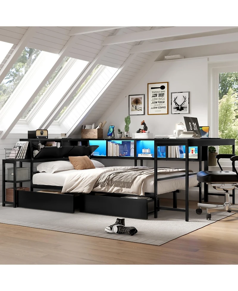 Streamdale Furniture Streamdale Twin Corner Bed Frame with Bookcase, Led, and Storage Drawers