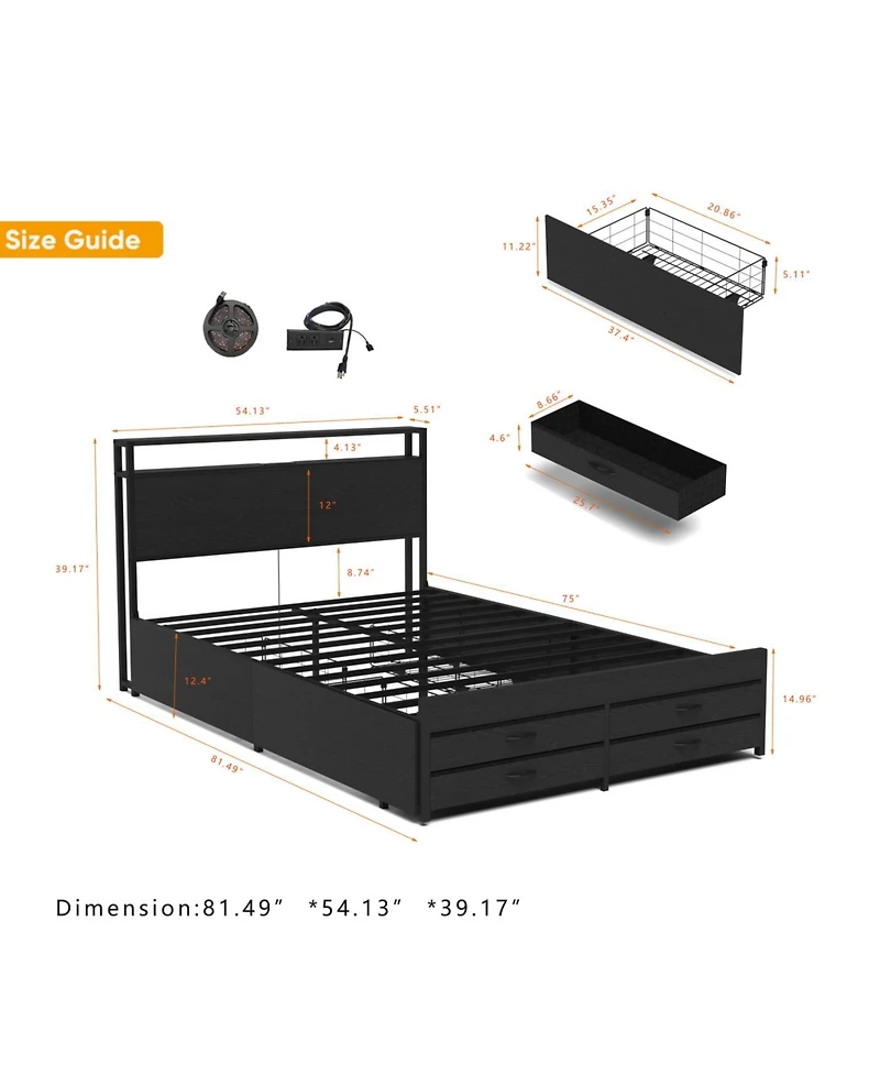 Streamdale Furniture Streamdale Full Size Bed Frame with 8 Storage Drawers & Led Headboard