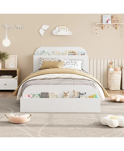 Twin Size Kids Bed Frame with Storage Headboard & Footboard, Low Profile Wood Platform, Strong Slats, White