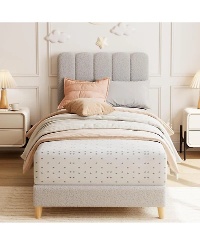 gaomon Twin Bed Frame Boucle Upholstered Wave Headboard Kids Girls Boys Wooden Slats No Box Spring Grey