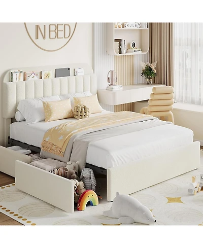 gaomon Full Size Boucle Upholstered Platform Bed Frame with Storage Headboard Bookcase 2 Drawers No Box Spring Beige White