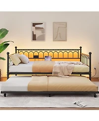 gaomon Twin Size Metal Daybed with Trundle Charging Station Led Lights Sofa Bed for Living Room Guest Room Apartment Black
