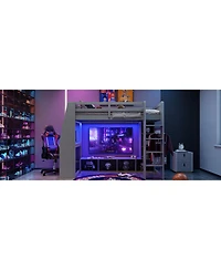 Flynama Gray Wood Twin Size Gaming Loft Bed w Built In Desk Storage Cabinets Hanging Clothes Rack Led Lighting Kids Teens Bedroom Furniture