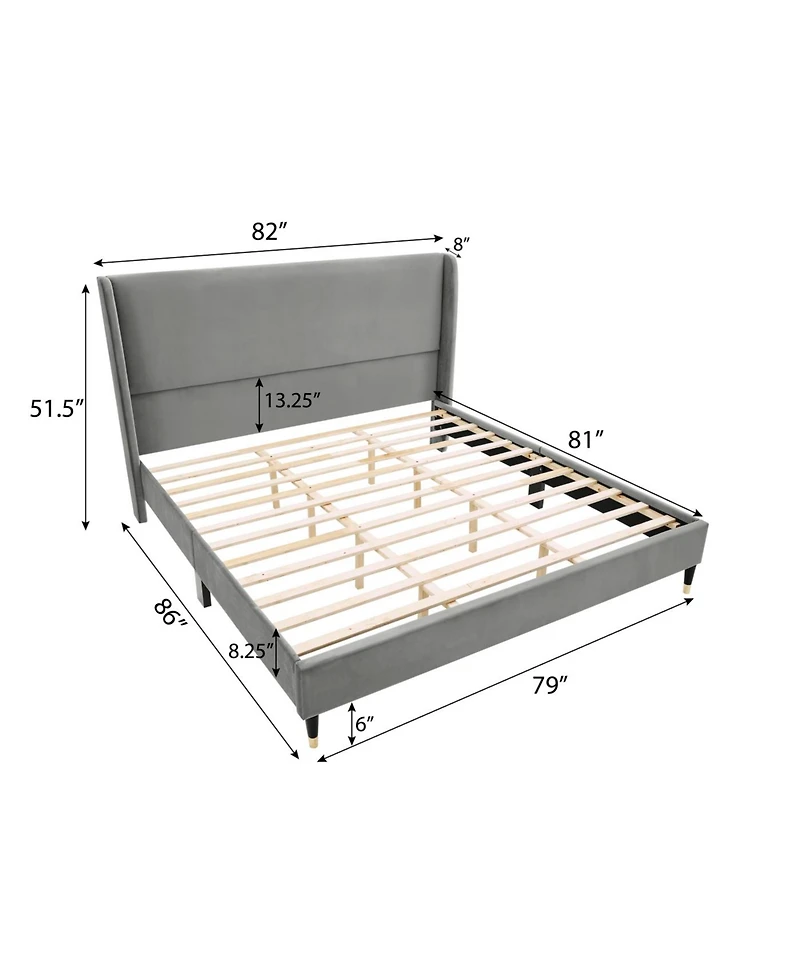 Streamdale Rozitta Gray Velvet Wingback Platform Bed, King