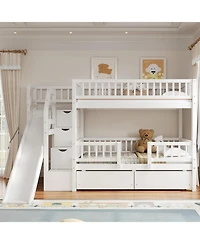 Streamdale Furniture Twin over Twin Bunk Bed w/ Storage Stairs, Slide, 2 Drawers, Walnut