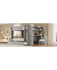 Streamdale Full size Multifunctional Bunk Bed with Desk and Bookshelves, Trundle, Gray