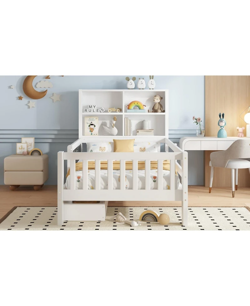 Streamdale Twin Platform Bed with Chalkboard, Storage, and Shelves, White