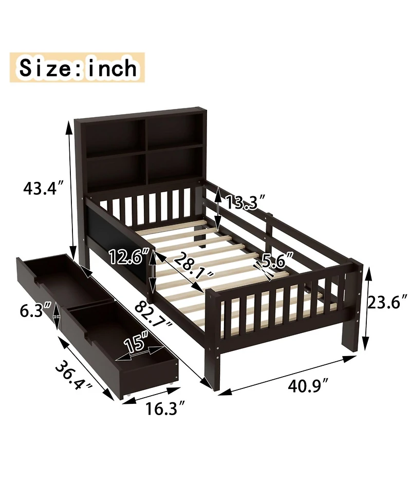 Streamdale Furniture Streamdale Twin Platform Bed with Chalkboard, Storage, Shelves, Espresso