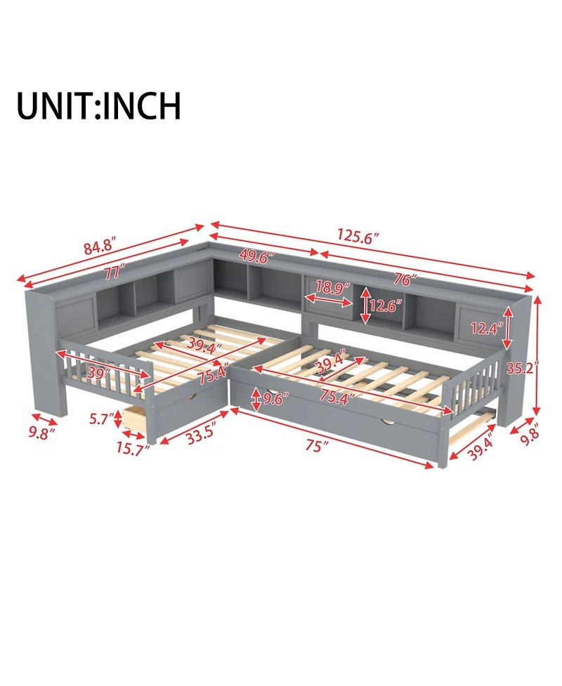 Streamdale Furniture Streamdale L-shaped Twin Platform Bed with Trundle, Storage Drawers & Shelves, Grey