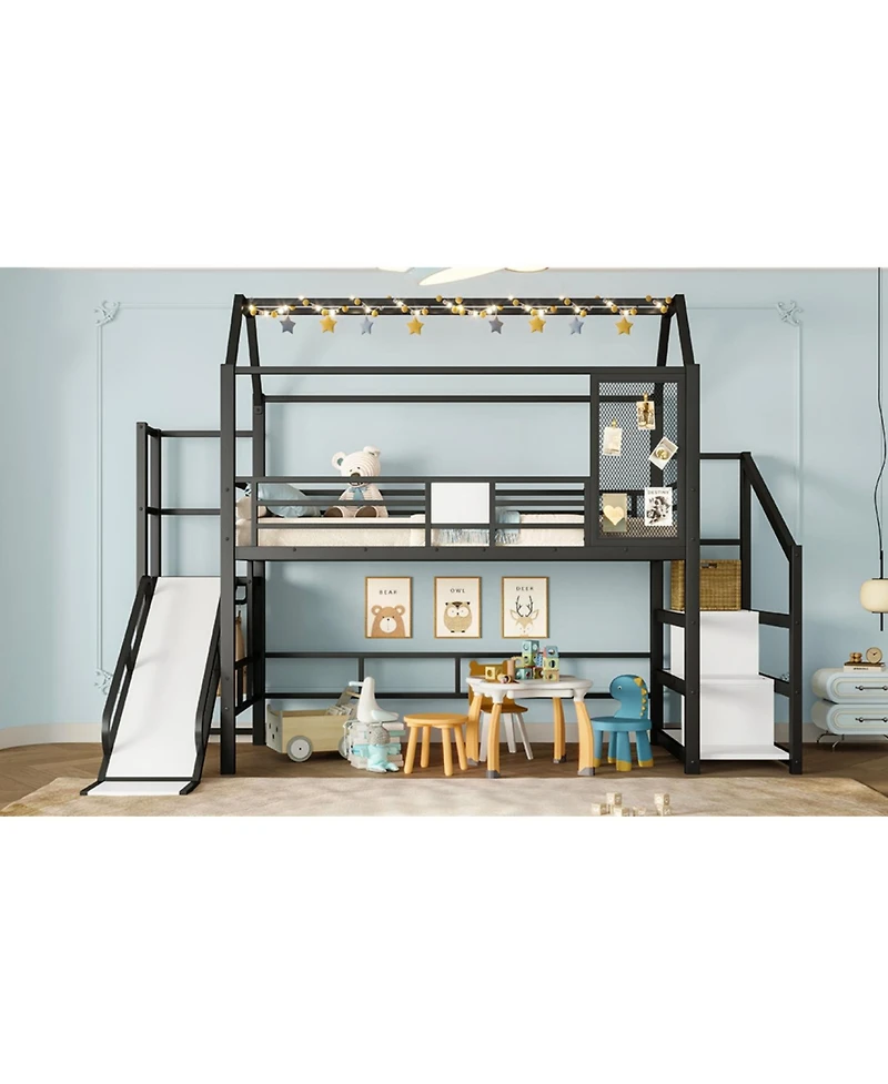 Streamdale Furniture Streamdale Twin Loft Bed with Slide, Stairs, Storage & House Roof - Black