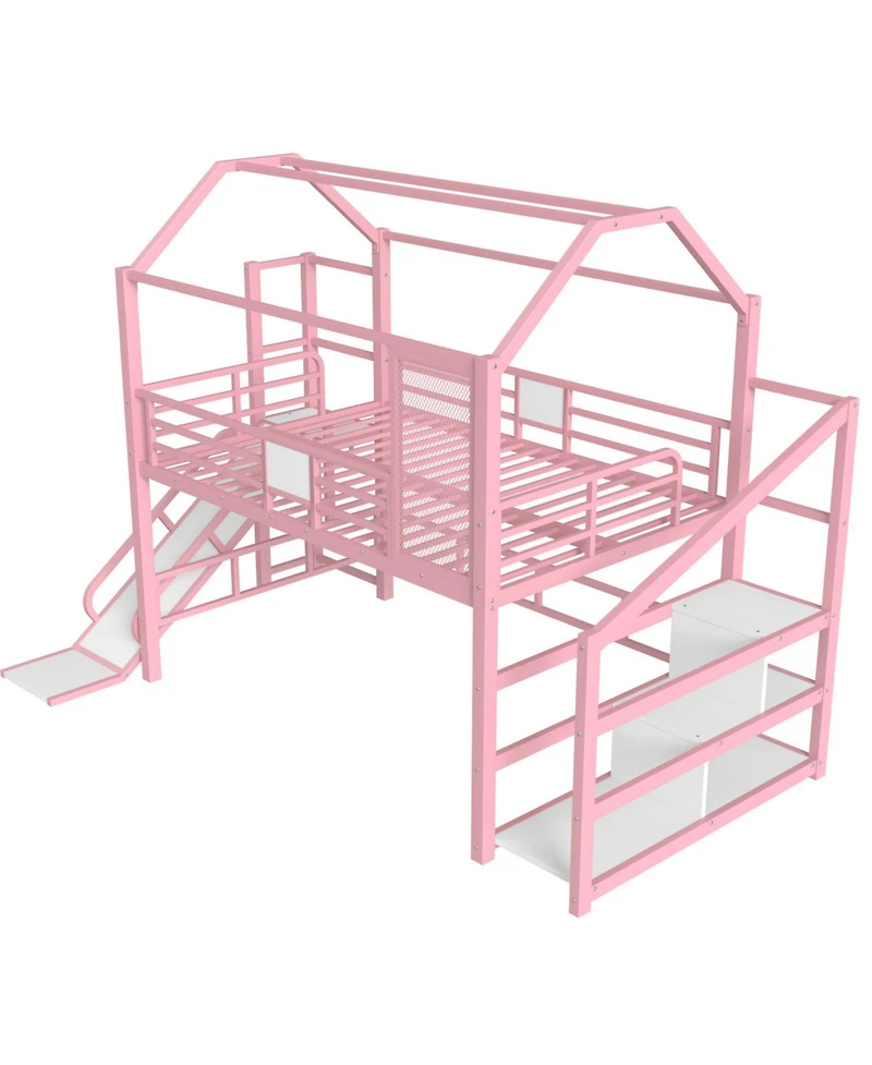 Streamdale Furniture Full House Loft Bed with Slide, Stairs, Storage, Pink