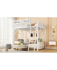 Streamdale Furniture Queen Size Loft Bed with Ladder and Storage Shelves, White