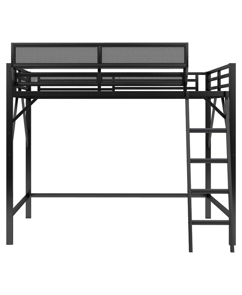 Streamdale Queen Size Metal Loft Bed with Ladder & Shelves - Black