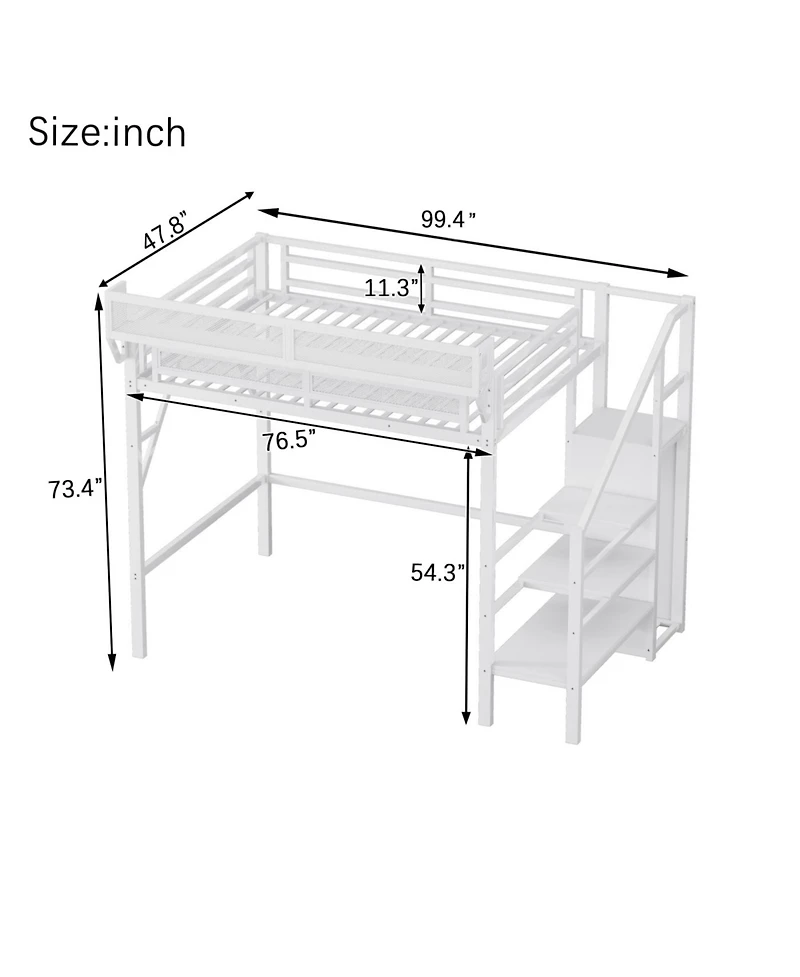 Streamdale Furniture Twin Xl Loft Bed with Stairs, Storage Shelves & Wardrobe - White